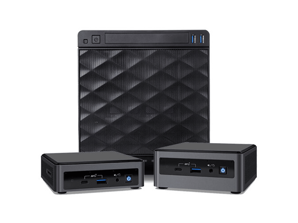 Image of three machines - two are small Intel NUCs and one is a small form factor server.