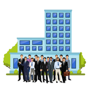 Illustration of a mid-sized business with a group of business people standing outside