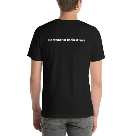 Photo of a man wearing a black t-shirt, from behind, with the white Hartmann Industries logo