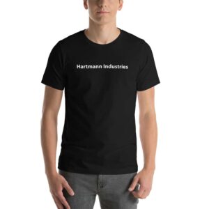 Photo of a man wearing a black t-shirt that says, in white, "Hartmann Industries"