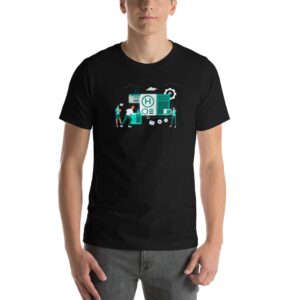 Man in a black t-shirt that has an illustration of people building a machine