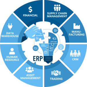 Wheel showing different elements of an ERP system: supply chain management, manufacturing, CRM, trading, asset management, human resources, data warehousing, and financial